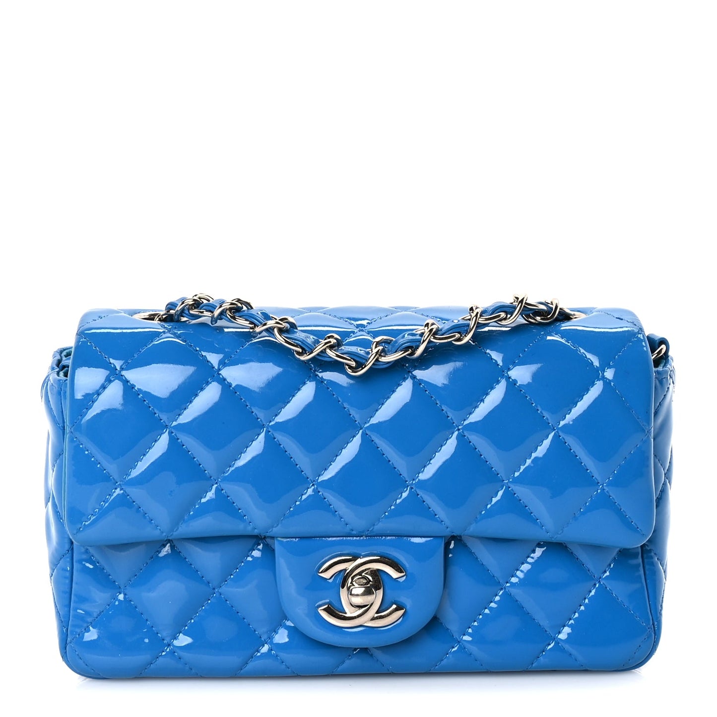 Chanel Patent Calfskin Quilted Mini Rectangular Flap  Blue
