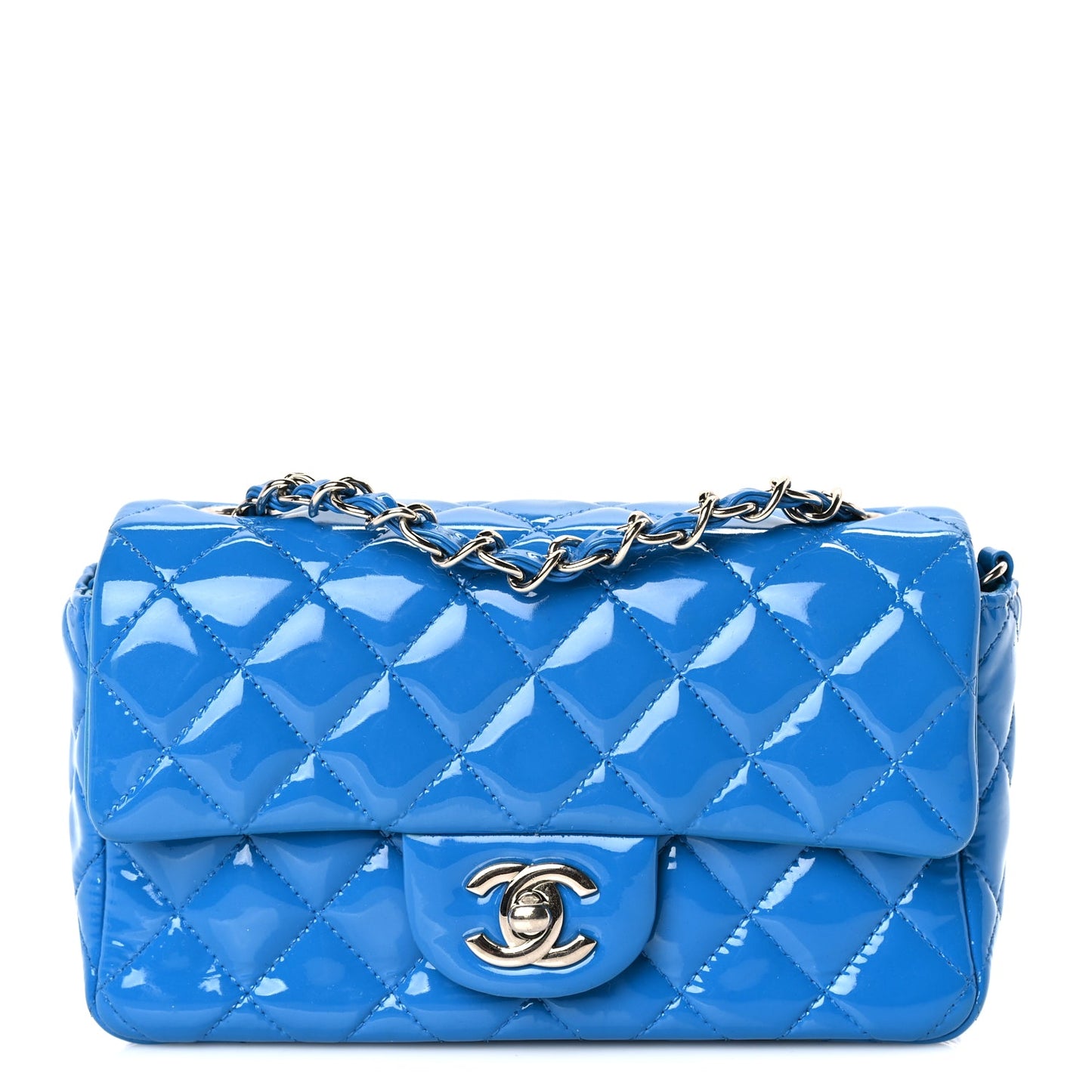 Chanel Patent Calfskin Quilted Mini Rectangular Flap  Blue