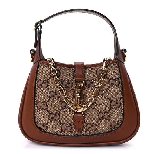Gucci New Canvas Charisma Calfskin Crystal GG Monogram Mini Jackie 1961 Hobo Camel Ebony