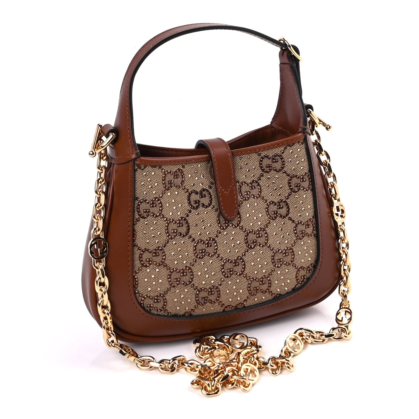 Gucci New Canvas Charisma Calfskin Crystal GG Monogram Mini Jackie 1961 Hobo Camel Ebony