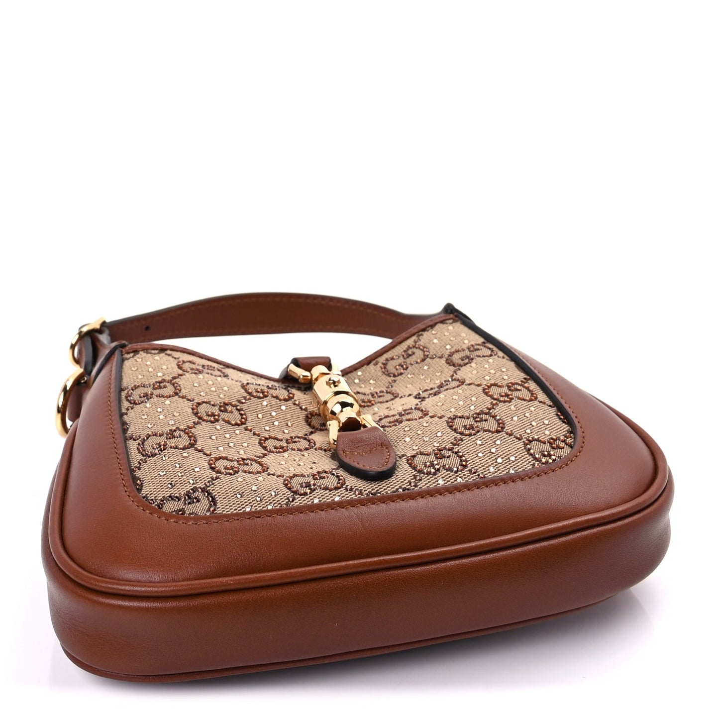 Gucci New Canvas Charisma Calfskin Crystal GG Monogram Mini Jackie 1961 Hobo Camel Ebony