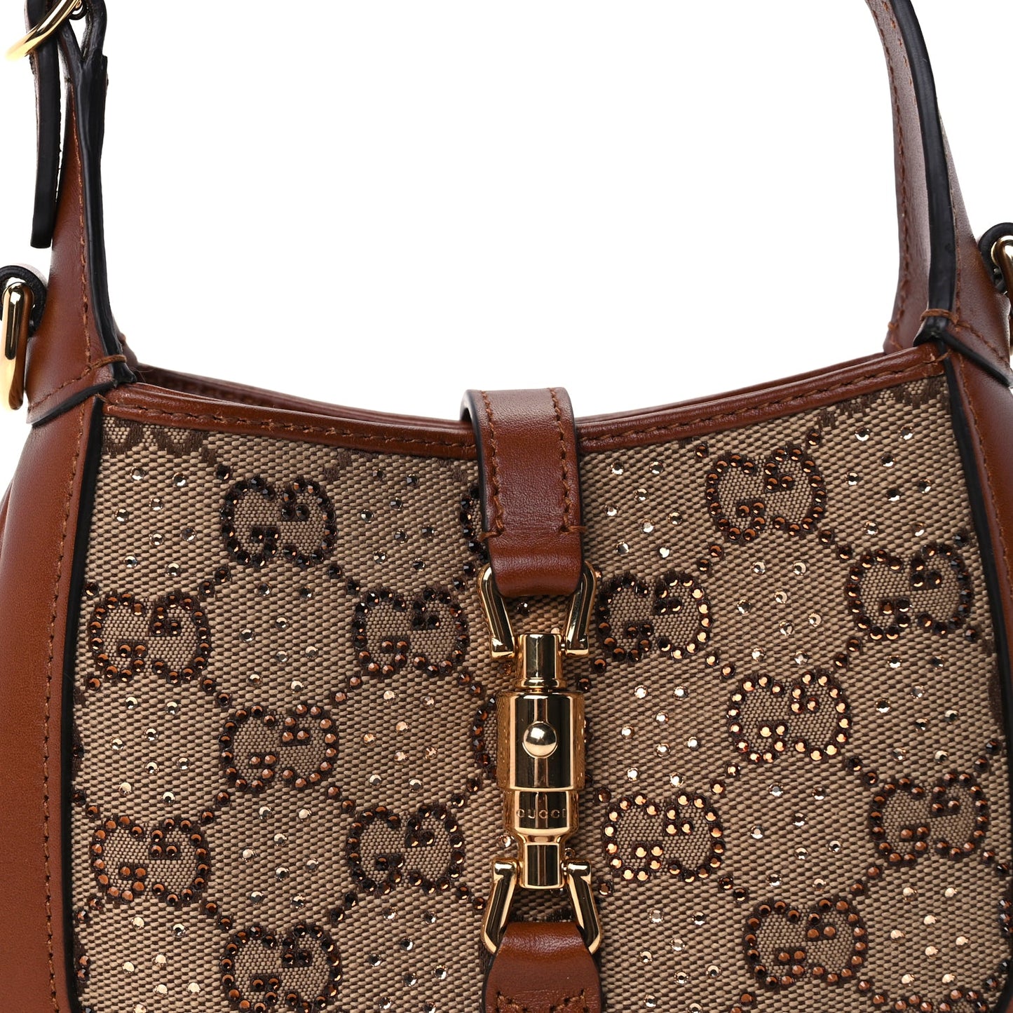 Gucci New Canvas Charisma Calfskin Crystal GG Monogram Mini Jackie 1961 Hobo Camel Ebony