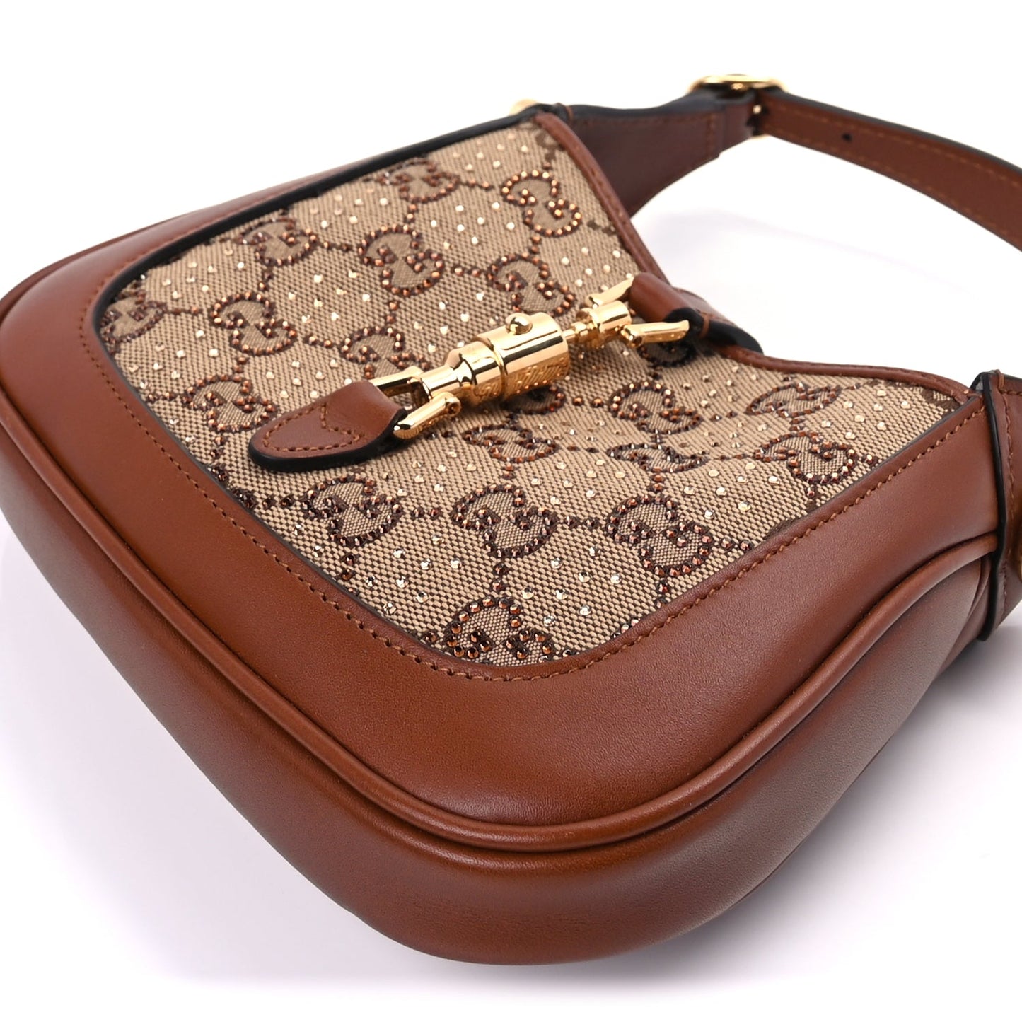 Gucci New Canvas Charisma Calfskin Crystal GG Monogram Mini Jackie 1961 Hobo Camel Ebony