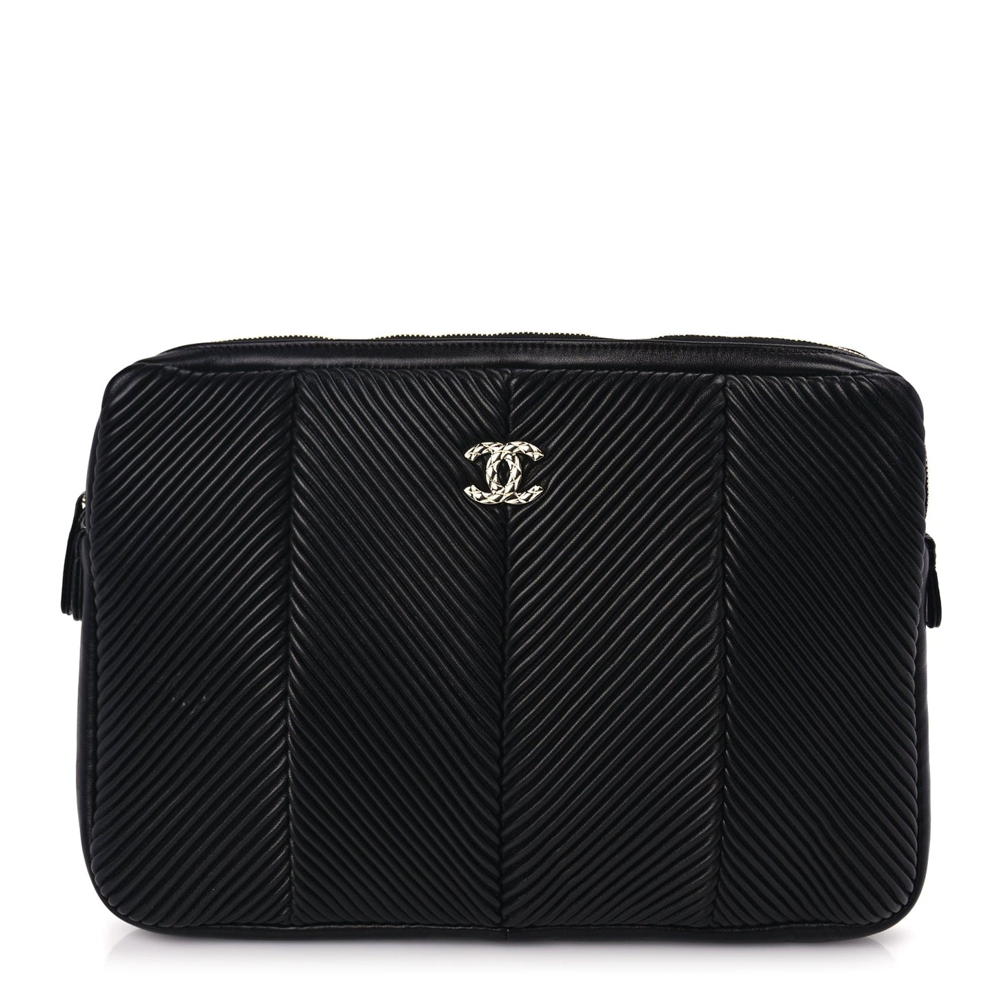 Chanel Lambskin Chevron Pleated Large Cosmetic Case Black