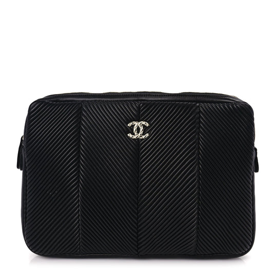 Chanel Lambskin Chevron Pleated Large Cosmetic Case Black