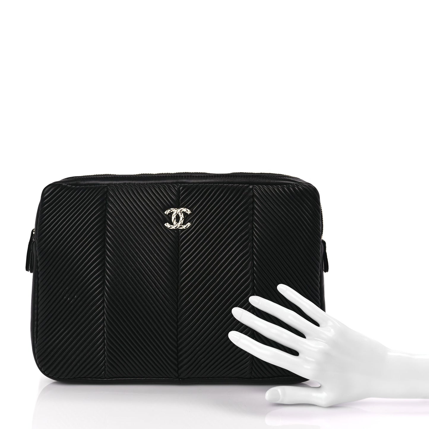 Chanel Lambskin Chevron Pleated Large Cosmetic Case Black