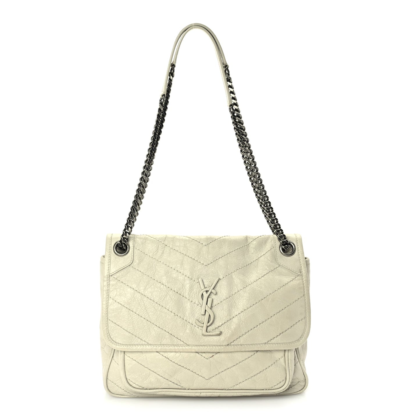 Saint Laurent Crinkled Calfskin Matelasse Monogram Medium Niki Chain Satchel Crema Soft