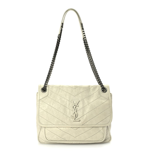 Saint Laurent Crinkled Calfskin Matelasse Monogram Medium Niki Chain Satchel Crema Soft