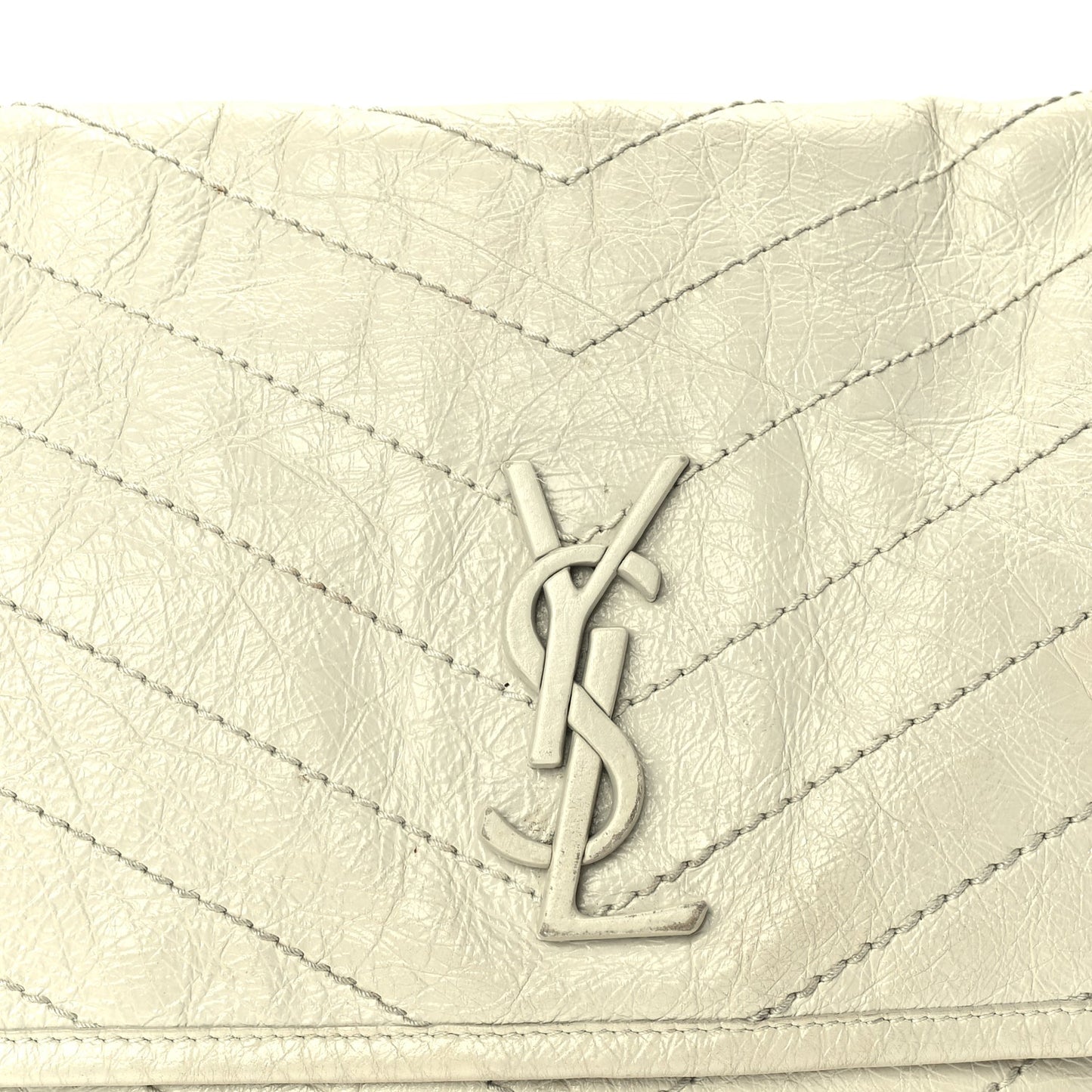 Saint Laurent Crinkled Calfskin Matelasse Monogram Medium Niki Chain Satchel Crema Soft