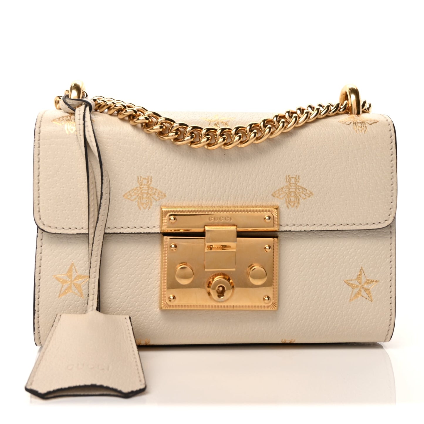 Gucci Grained Calfskin Bee Star Small Padlock Shoulder Bag White