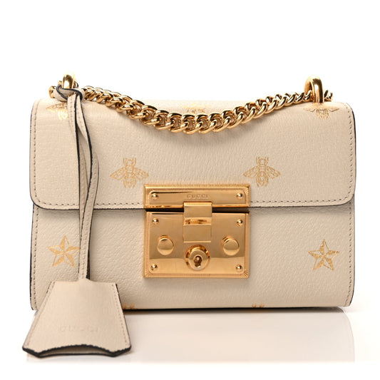Gucci Grained Calfskin Bee Star Small Padlock Shoulder Bag White