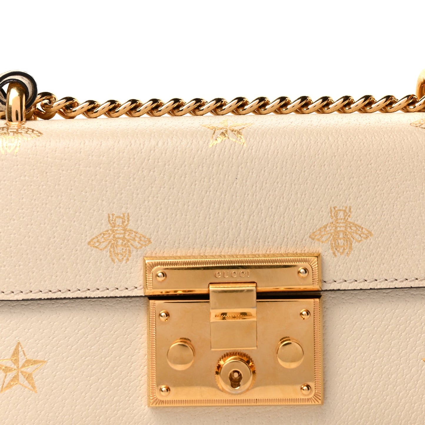 Gucci Grained Calfskin Bee Star Small Padlock Shoulder Bag White