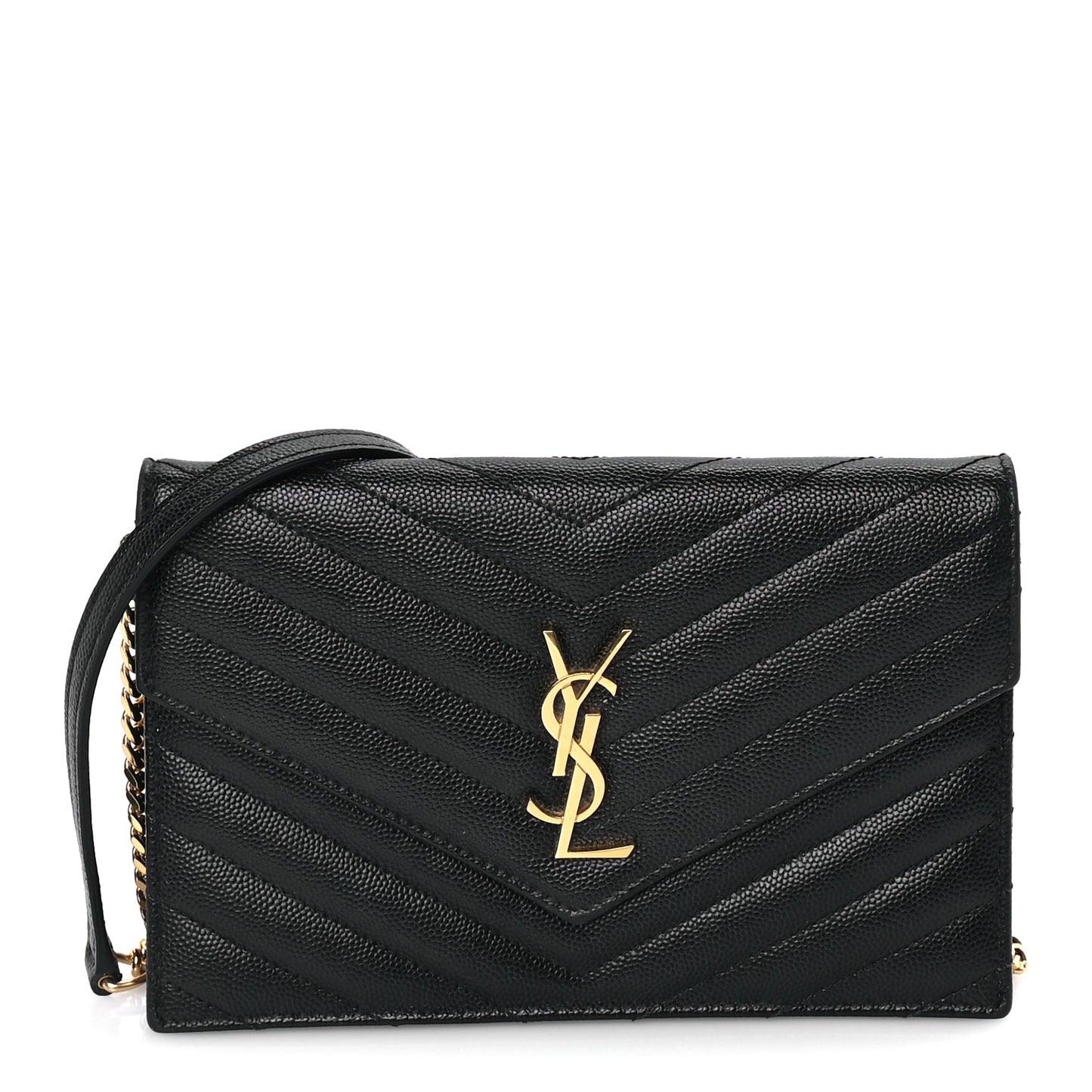 Saint Laurent Grain De Poudre Matelasse Chevron Monogram Envelope Chain Wallet Black