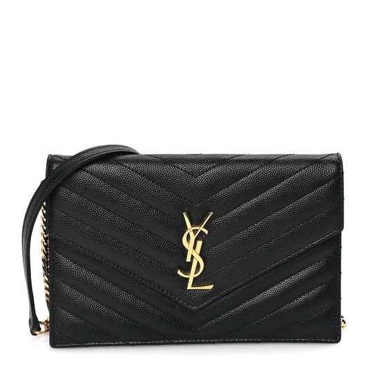 Saint Laurent Grain De Poudre Matelasse Chevron Monogram Envelope Chain Wallet Black