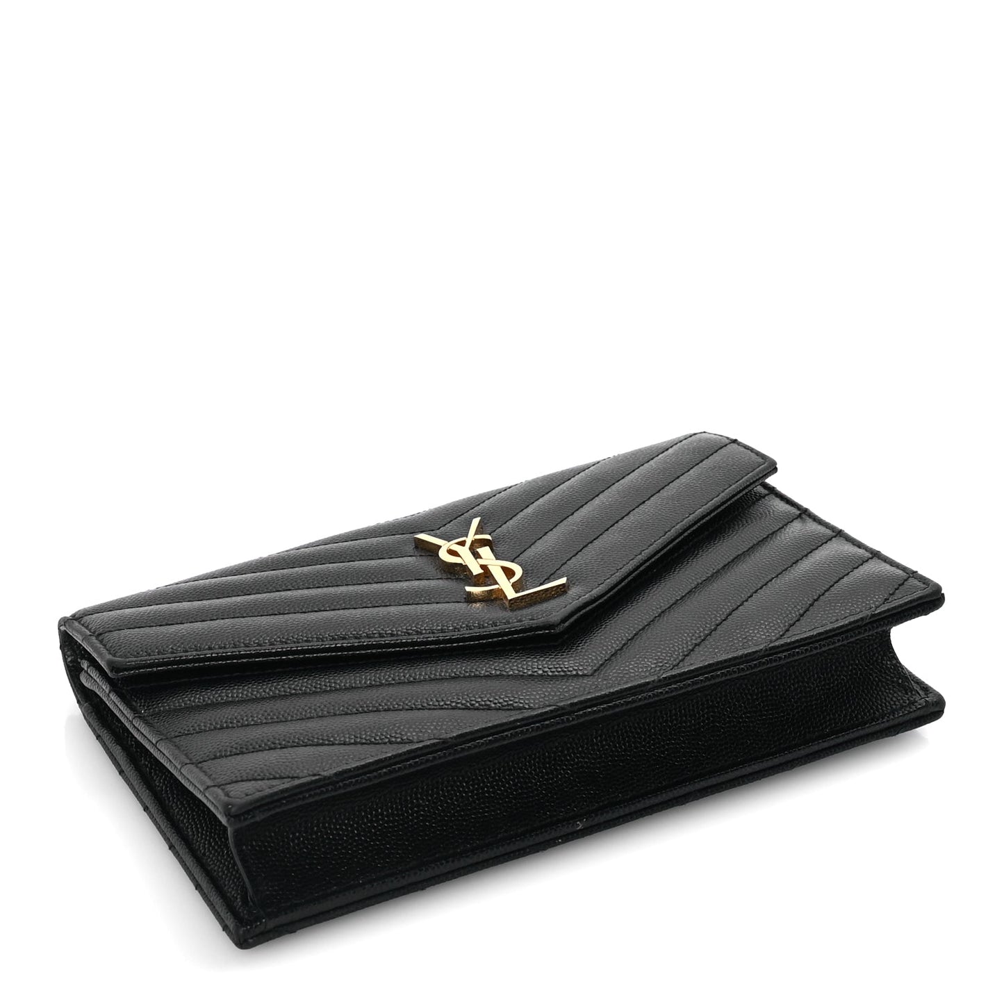 Saint Laurent Grain De Poudre Matelasse Chevron Monogram Envelope Chain Wallet Black