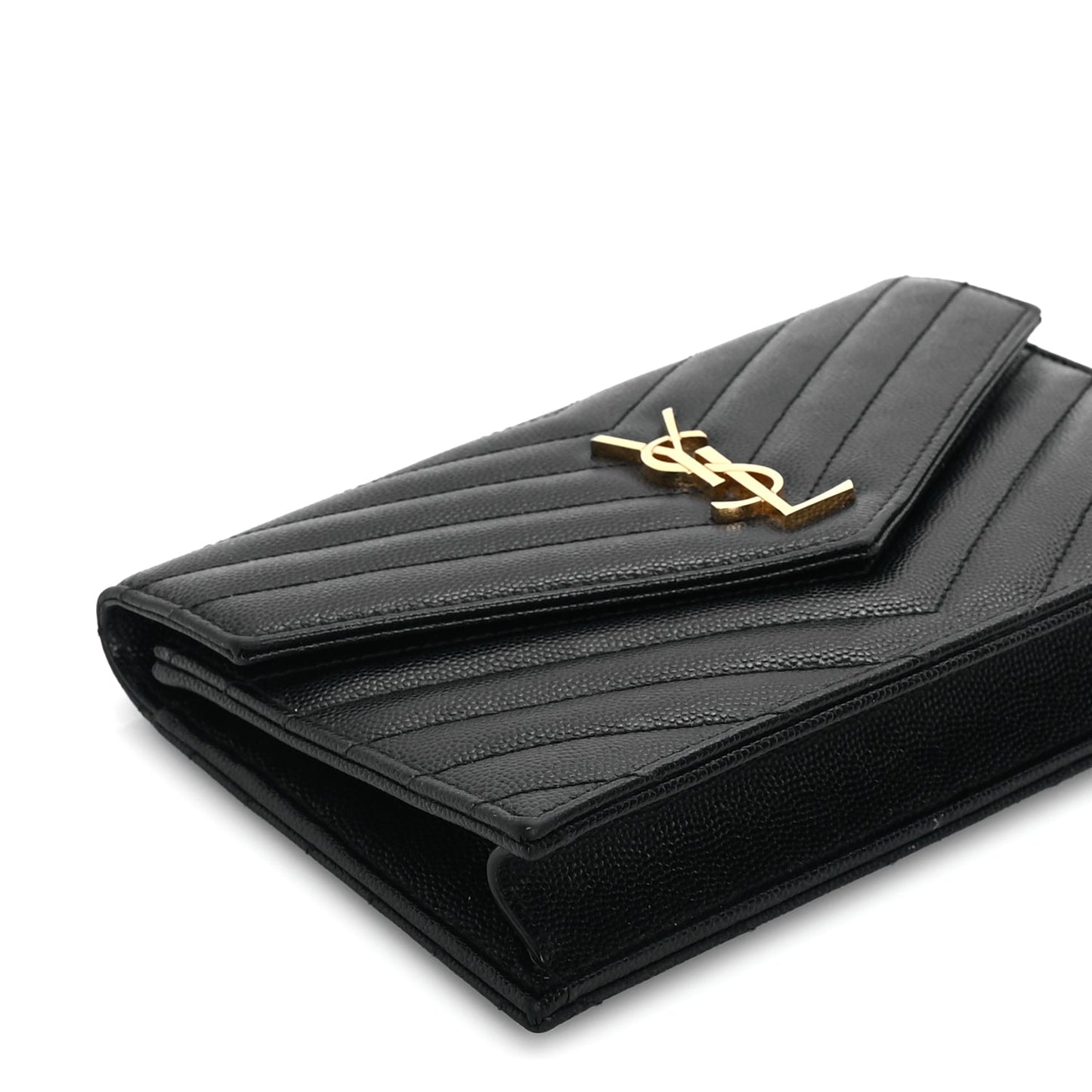Saint Laurent Grain De Poudre Matelasse Chevron Monogram Envelope Chain Wallet Black