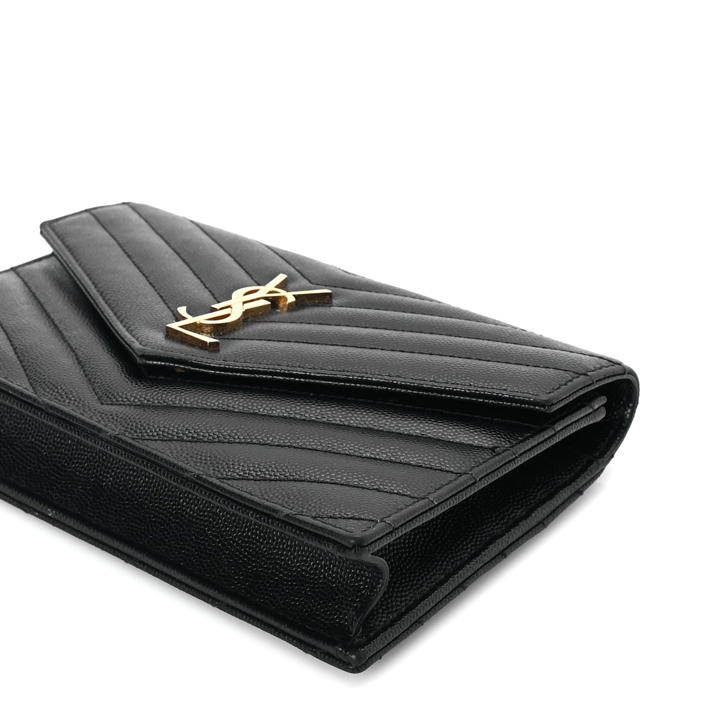 Saint Laurent Grain De Poudre Matelasse Chevron Monogram Envelope Chain Wallet Black