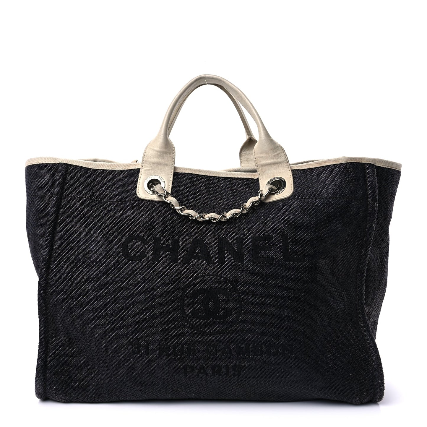 Chanel Woven Straw Raffia Medium Deauville Tote Black White