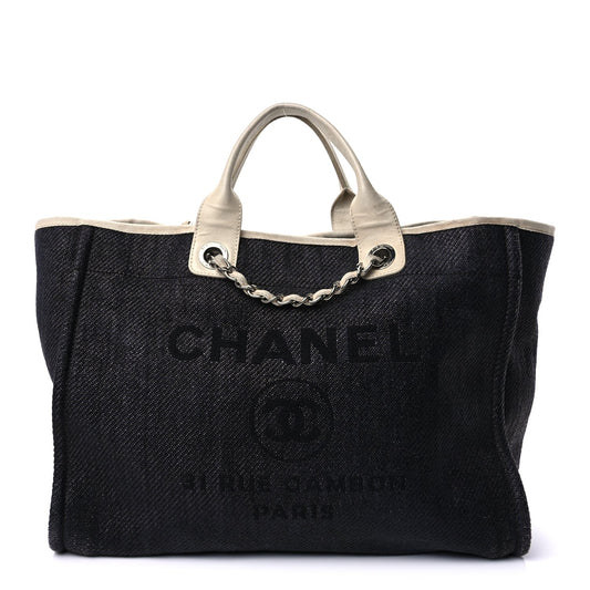 Chanel Woven Straw Raffia Medium Deauville Tote Black White