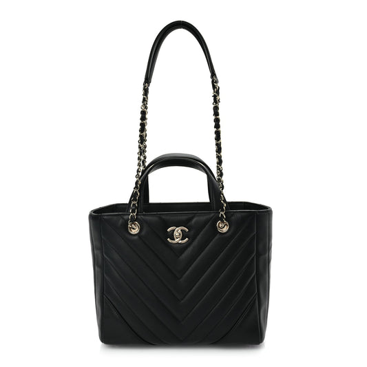Chanel Calfskin Chevron Quilted Small Statement Shopping Tote Black
