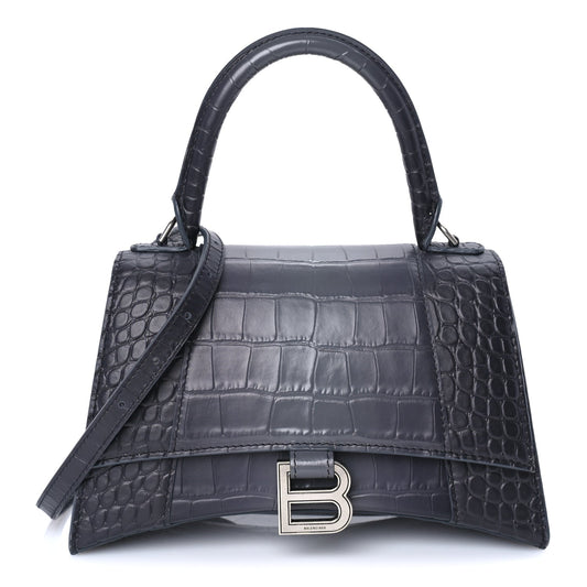 Balenciaga Shiny Calfskin Crocodile Embossed Small Hourglass Top Handle Bag  Dark Grey