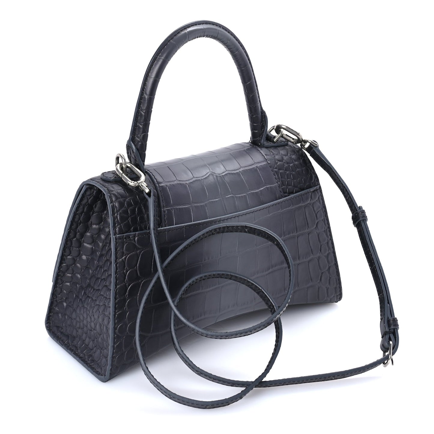 Balenciaga Shiny Calfskin Crocodile Embossed Small Hourglass Top Handle Bag  Dark Grey