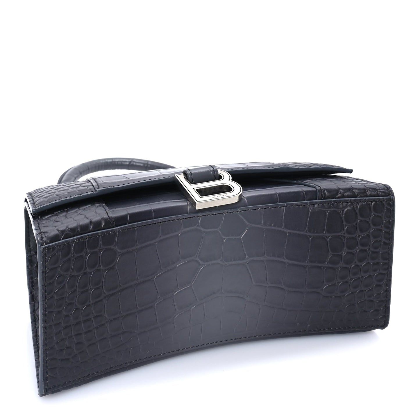 Balenciaga Shiny Calfskin Crocodile Embossed Small Hourglass Top Handle Bag  Dark Grey