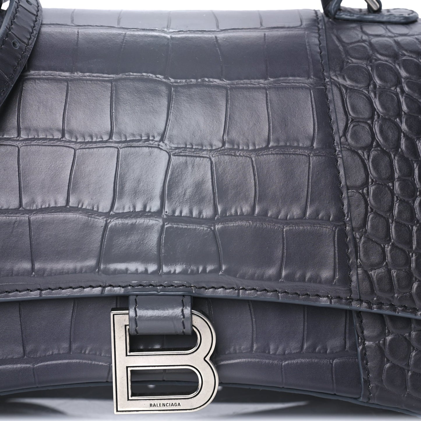 Balenciaga Shiny Calfskin Crocodile Embossed Small Hourglass Top Handle Bag  Dark Grey