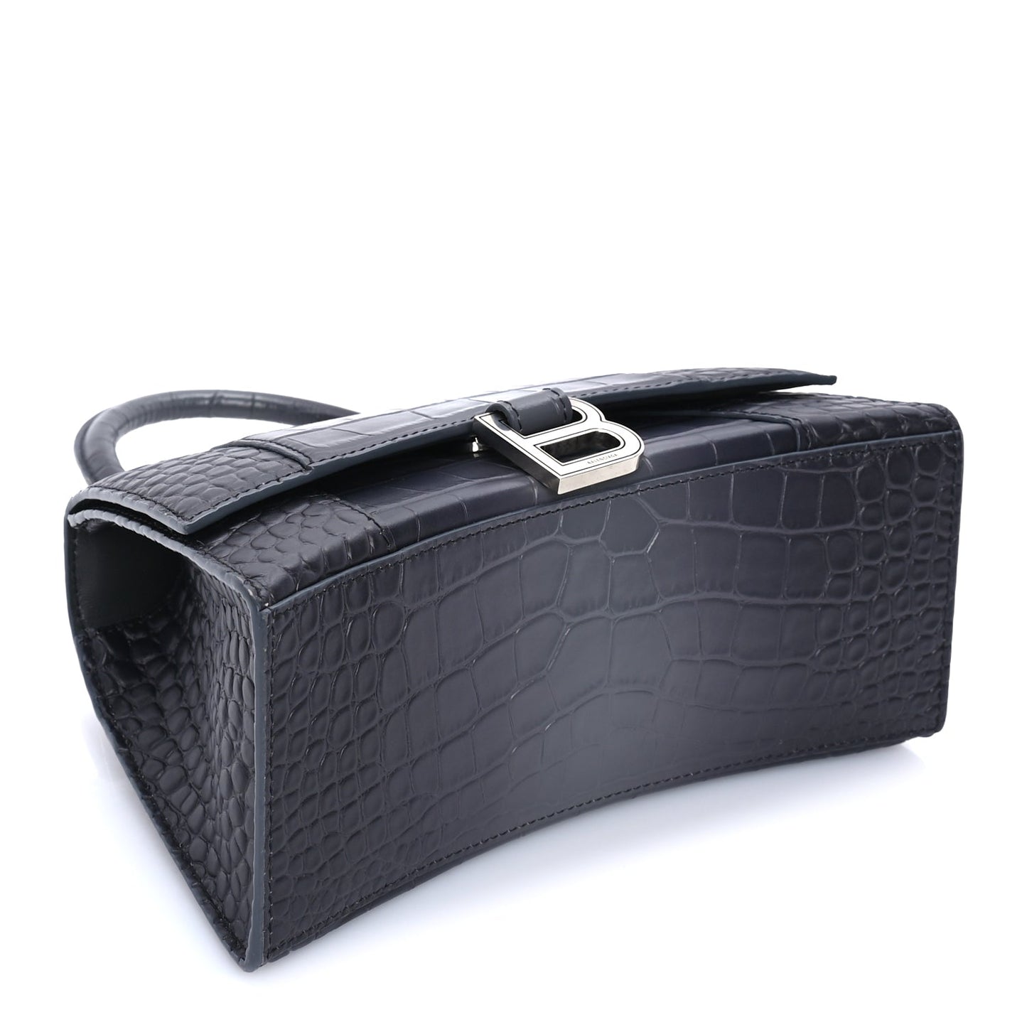 Balenciaga Shiny Calfskin Crocodile Embossed Small Hourglass Top Handle Bag  Dark Grey