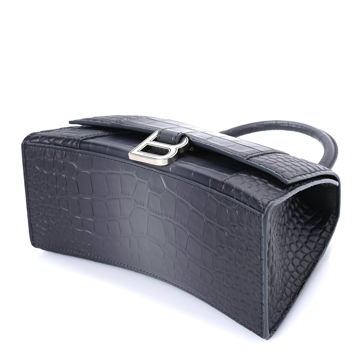 Balenciaga Shiny Calfskin Crocodile Embossed Small Hourglass Top Handle Bag  Dark Grey