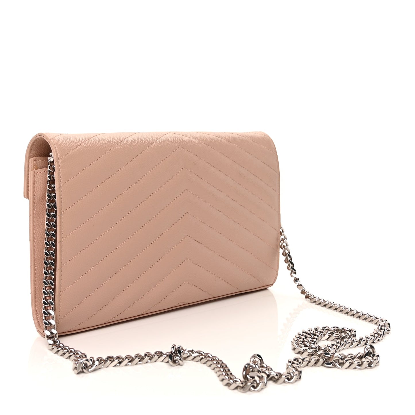 Saint Laurent Grain De Poudre Matelasse Chevron Monogram Chain Wallet Pale Pink
