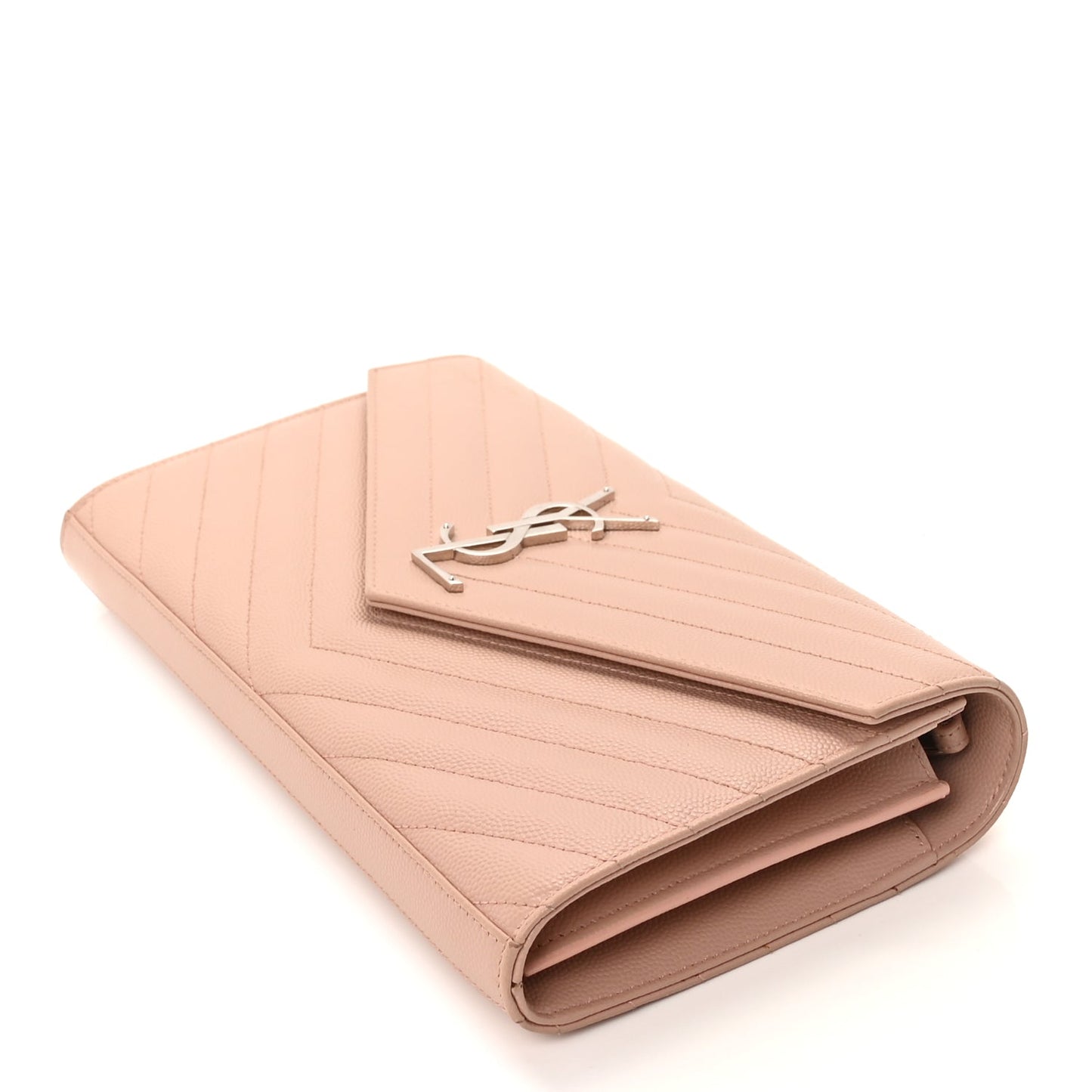 Saint Laurent Grain De Poudre Matelasse Chevron Monogram Chain Wallet Pale Pink