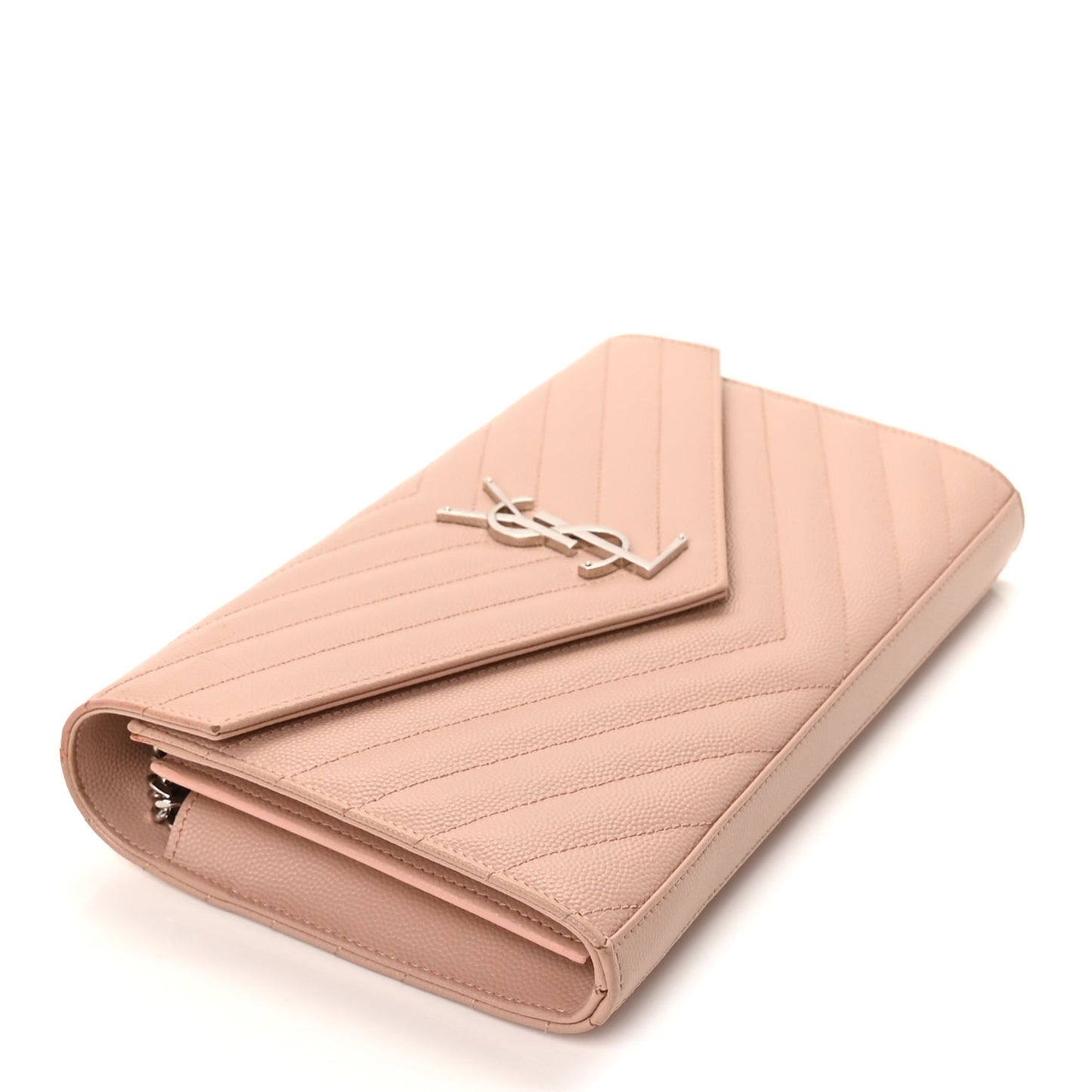 Saint Laurent Grain De Poudre Matelasse Chevron Monogram Chain Wallet Pale Pink