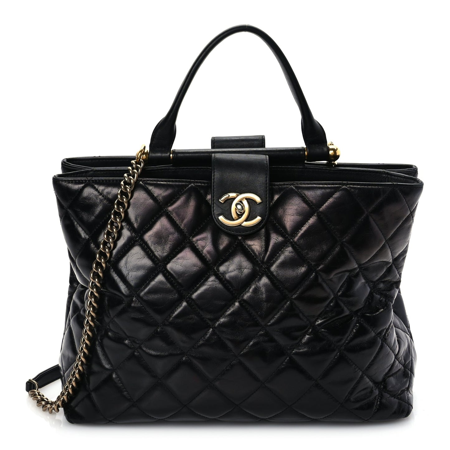 Chanel Glazed Calfskin Quilted Gold Bar Tote Black