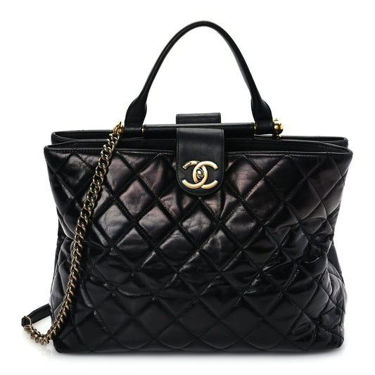 Chanel Glazed Calfskin Quilted Gold Bar Tote Black