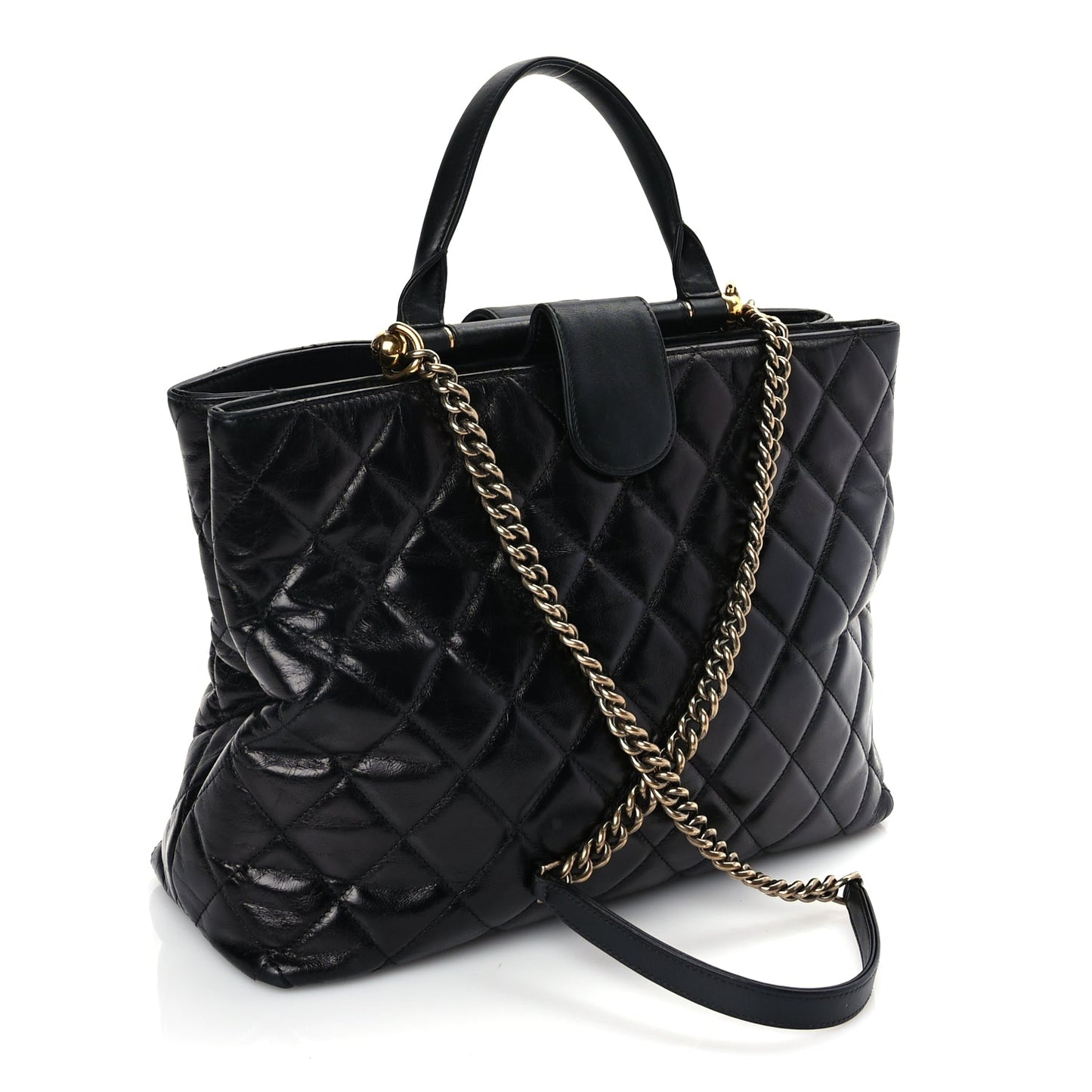 Chanel Glazed Calfskin Quilted Gold Bar Tote Black