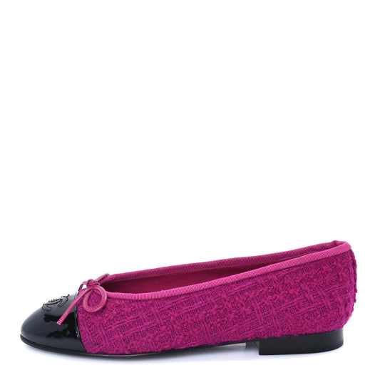 Chanel Tweed Patent Cap Toe Ballerina Flats 36  Pink Black