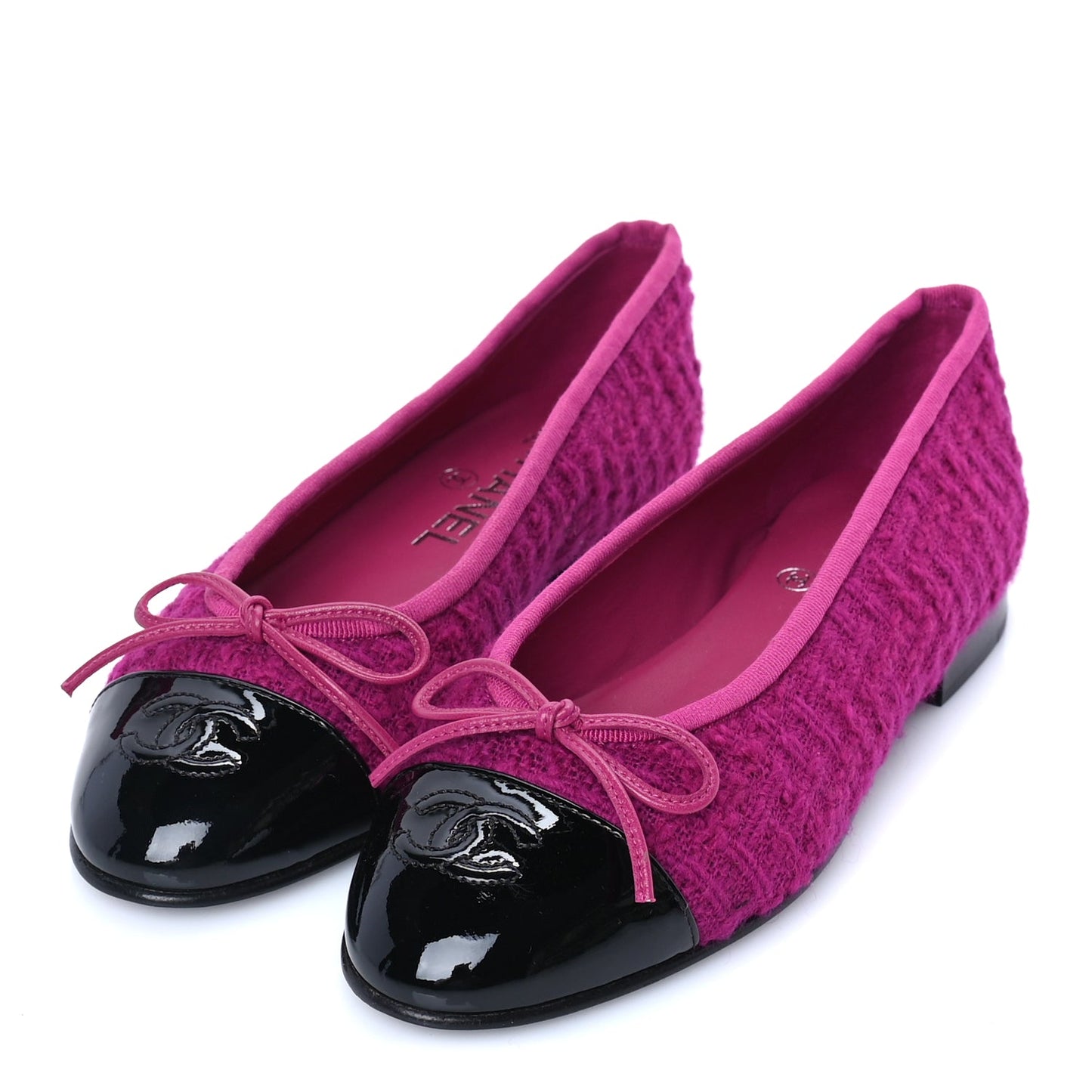 Chanel Tweed Patent Cap Toe Ballerina Flats 36  Pink Black