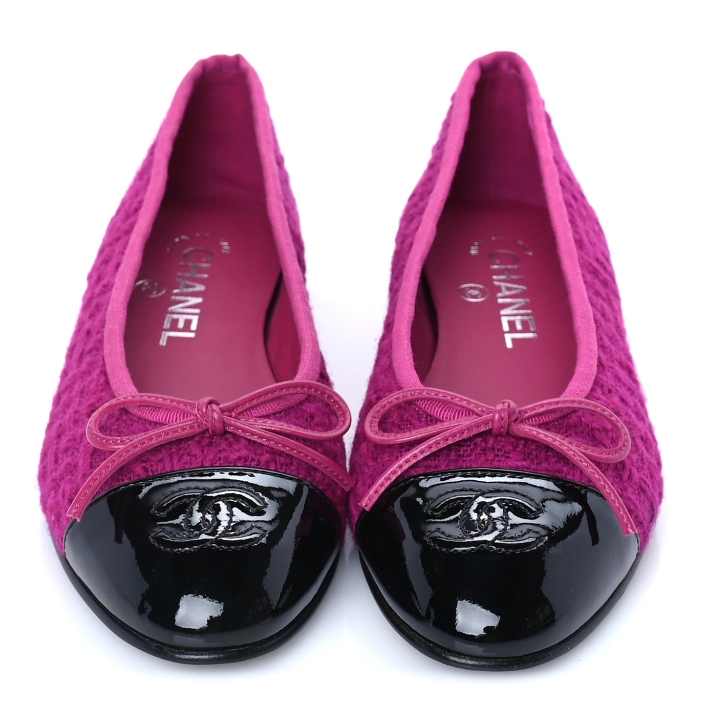 Chanel Tweed Patent Cap Toe Ballerina Flats 36  Pink Black