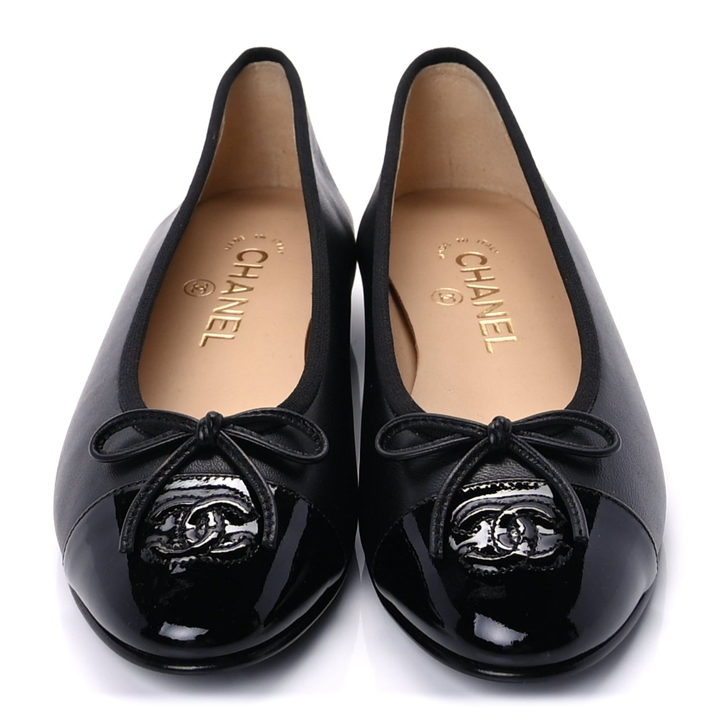 Chanel Lambskin Patent Cap Toe CC Ballerina Flats 37  Black
