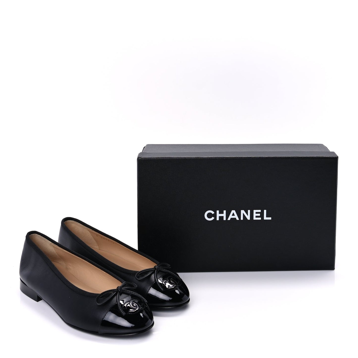 Chanel Lambskin Patent Cap Toe CC Ballerina Flats 37  Black