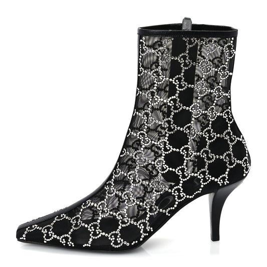 Gucci Tela Retino Kid Scamosciato Crystal GG Monogram Square Demi Boot 37 Black