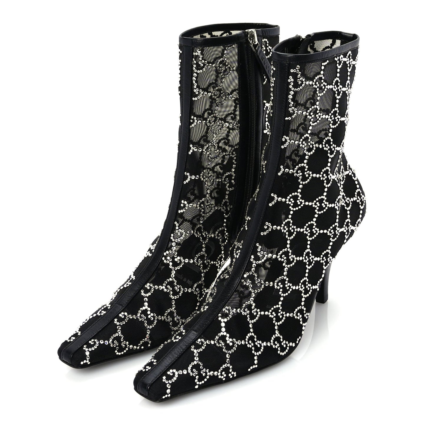 Gucci Tela Retino Kid Scamosciato Crystal GG Monogram Square Demi Boot 37 Black