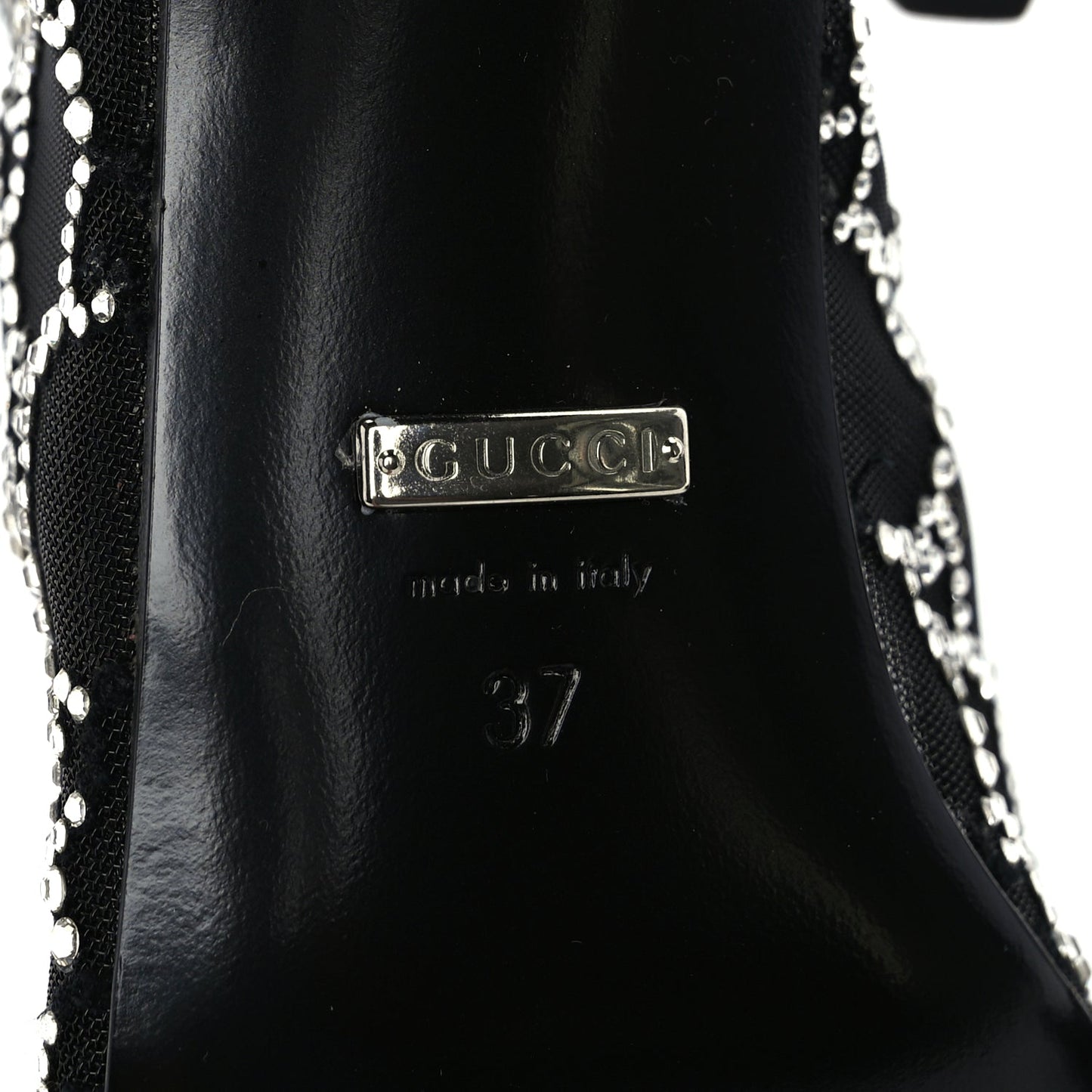 Gucci Tela Retino Kid Scamosciato Crystal GG Monogram Square Demi Boot 37 Black