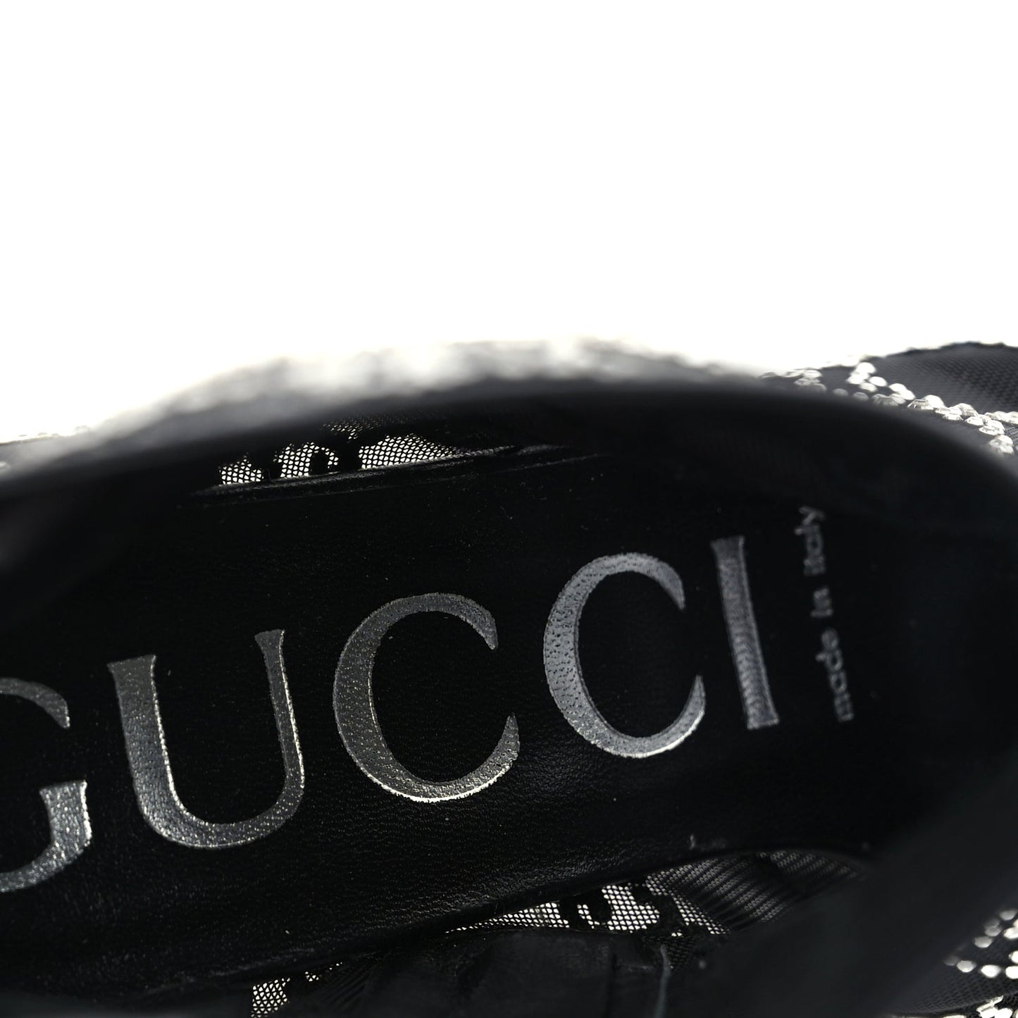 Gucci Tela Retino Kid Scamosciato Crystal GG Monogram Square Demi Boot 37 Black