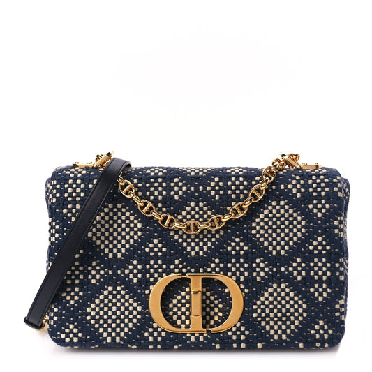 Christian Dior Fabric Macrocannage Woven Medium Caro Bag Blue White