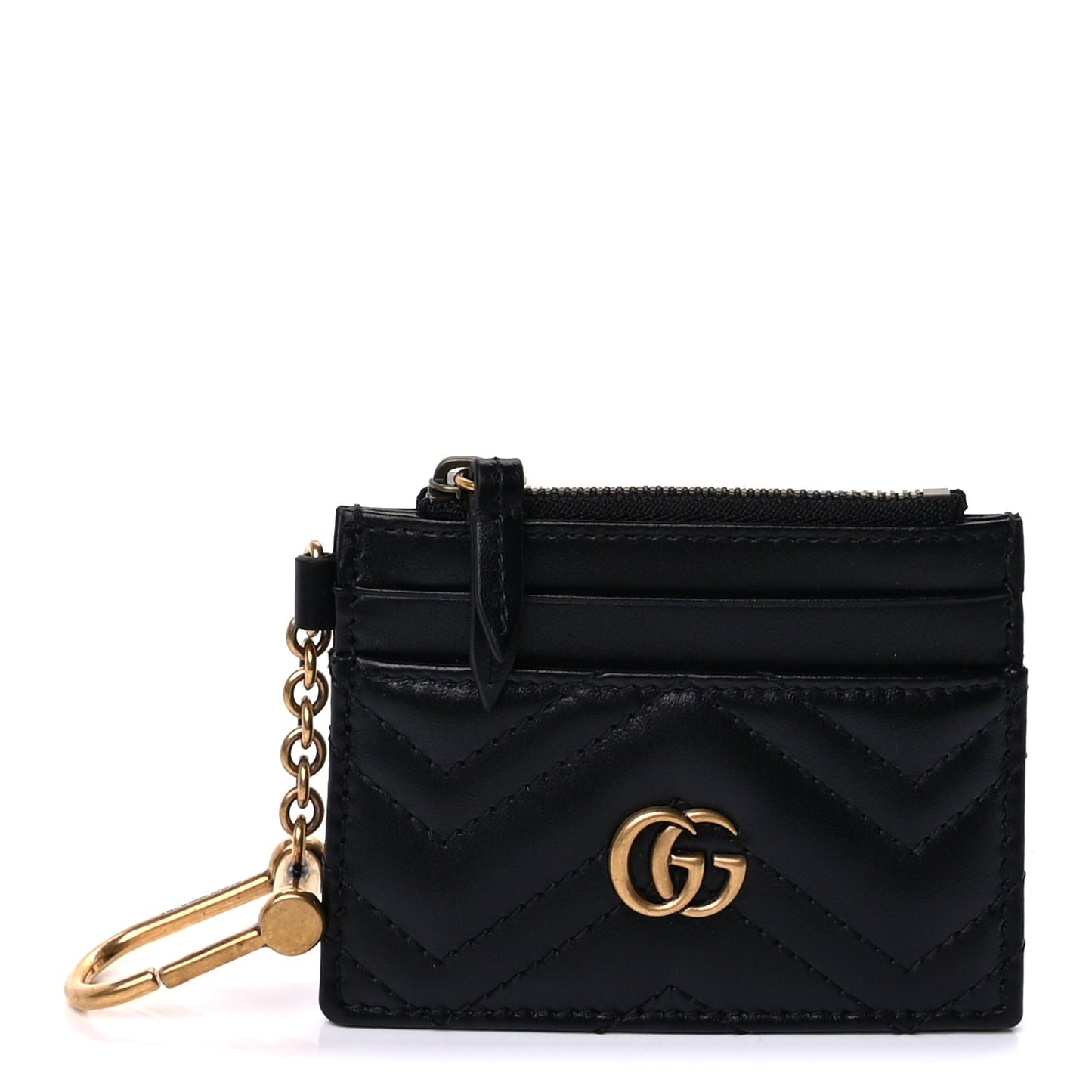 Gucci Calfskin Matelasse Chevron GG Marmont Key Case Card Holder Black