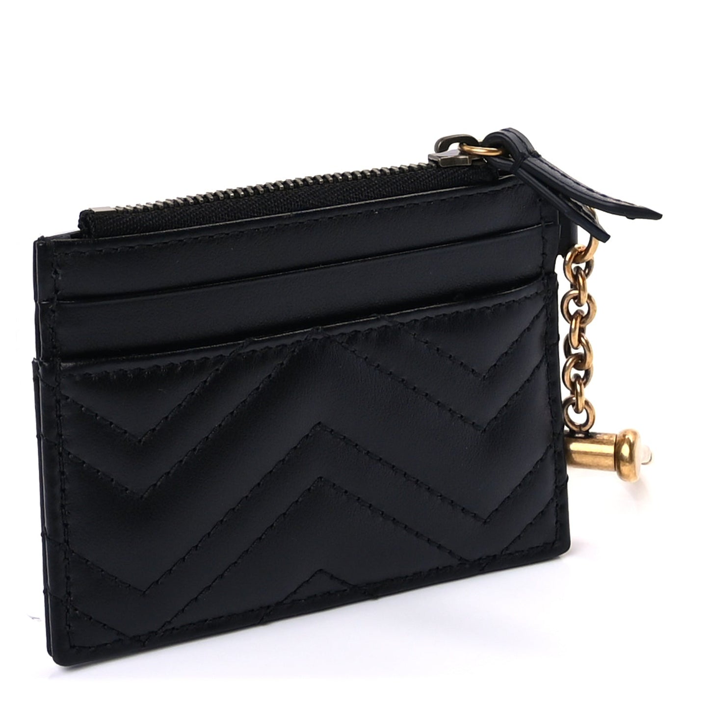 Gucci Calfskin Matelasse Chevron GG Marmont Key Case Card Holder Black
