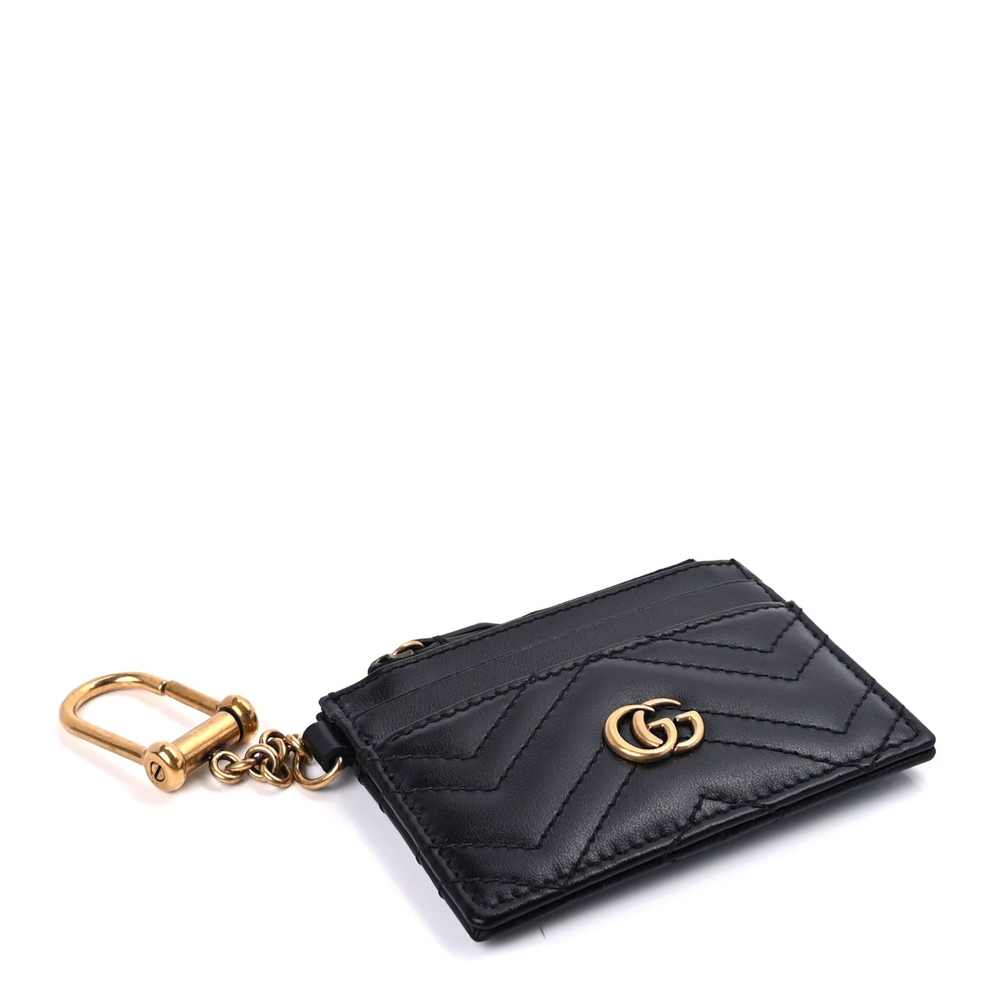 Gucci Calfskin Matelasse Chevron GG Marmont Key Case Card Holder Black