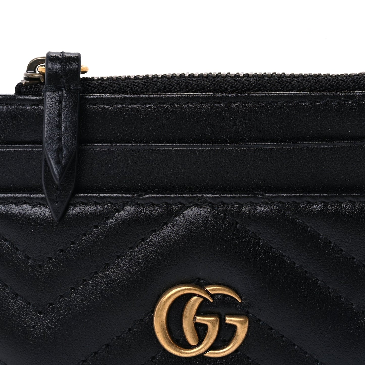 Gucci Calfskin Matelasse Chevron GG Marmont Key Case Card Holder Black